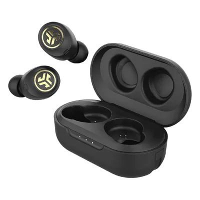A pair of black wireless earbuds with gold accents and their charging case, displayed against a white background.
