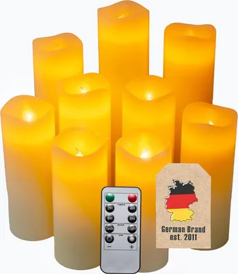 Produktbild von Intirilife LED Kerzen 9 Stück in verschiedenen Größen aus Wax in Natural Weiß - 5.5 x 13 / 14 / 16 / 18 / 20 / 22 cm - Stumpenkerze inkl. Fernbedienungen batteriebetrieben Deko Idee Warmlicht