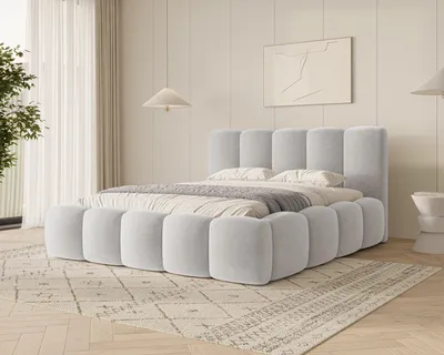 Produktbild von MOEBLO Polsterbett Bubble Bett 18 – Doppelbett Wolkenbett mit Riviera Samt-Velours, gepolstertem Kopfteil, Bettkasten, Gasfedermechanismus und Lattenrost - 140x200 cm - Platin (Riviera 82)
