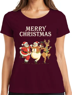 Produktbild von MERRY CHRISTMAS Weihnachtsmann Schneemann Rentier tanzend Vintage Damen T-Shirt, Burgundy, L