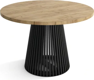 A round dining table with a wooden top and a black, slatted base, shown against a white background.