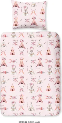A flat lay of a duvet cover and pillowcase with a repeating pattern of tipi tents and floral elements on a pink background.