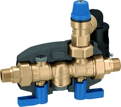 A cutaway view of a brass safety group valve for a hot water storage tank.