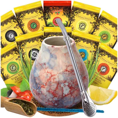 Obrázek produktu pro Brazilská yerba mate čajová sada Mate Green 20x50 a keramické čajové šálky Caleidoscope 350 ml – Bombilla 19 cm – korková podložka a lžička