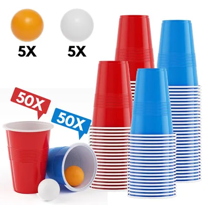 Obrázek produktu pro Sada kelímků na beer pong Vigevee    100 ks, 50 červených/modrých kelímků na beer pong, společenská hra s 10 míčky, party kelímky, 500 ml/16,91 oz