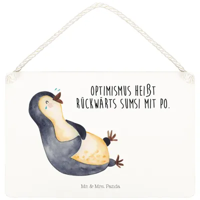 Produktbild von Mr. & Mrs. Panda Schild Pinguin Lachen DIN A5 - Transparent - Geschenk, wandtafel, Haha, Holzschild, Freude, Pinguine, Wandbild Holz, holzbild, Funny, Lol, Türschild