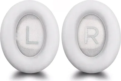Two white ear pads for headphones, one labeled 'L' and the other 'R'.
