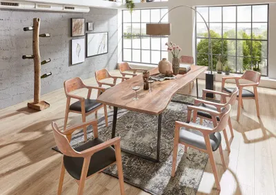 Produktbild von 9tlg. Essgruppe Hobart 260 x 100 cm, Akazienholz massiv & naturfarben, Baumkantentisch mit schrägem Gestell Schwarz + 8X Holzsessel Angel