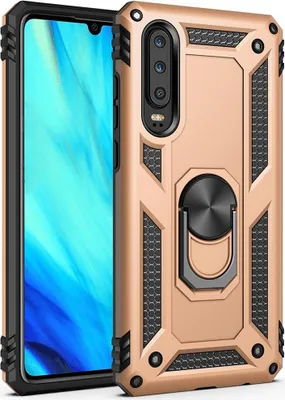 A gold and black phone case with a ring holder is shown next to a smartphone.