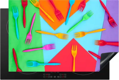 Produktbild von KitchenYeah© Herdabdeckplatte Übersicht über viele farbige Gabeln , 81x52cm, Küche Deko, Glaskeramikkochfeld Herdabdeckung, Abdeckplatte fùr Kochfeld