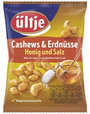 Produktbild von ultje CASHEWS & ERDNÜSSE Honig und Salz, Gemischte Nüsse, 200 g, 533 kcal, 160 kcal, 4,4 g, 9,7 g