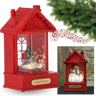 Produktbild von Weihnachts-LED-Laterne, rotes Haus, Spieldose 12x9x19,5cm