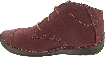 Side view of a single burgundy leather bootie.
