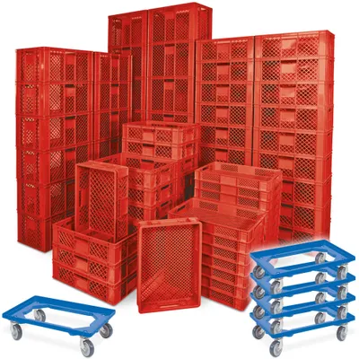 Produktbild von 78 Stück Stapelkörbe/Bäckerkästen in 5 Größen, Grundmaß LxB 600 x 400 mm, H 90 mm, 150 mm, 240 mm, 320 mm, 410 mm, Farbe rot + 5x Transportroller, blau