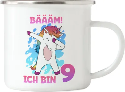 Produktbild von Bäääm Ich Bin 9 Emaille Tasse Einhorn 9. Geburtstag Geburtstagsgeschenk Einhorn-Fans Dabbing