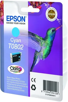 Zdjęcie produktu dla Epson Hummingbird Singlepack Cyan T0802 Claria Photographic Ink, Cyjan, 7,4 ml, 1 szt.
