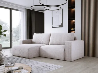 Zdjęcie produktu dla DomoHome Uniwersalny Narożnik z funkcją spania i pojemnikiem na pościel Miękka tkanina sztruksowa Elastyczna regulacja w lewo Powierzchnia spania: 205x125cm Rozmiar: 247x143x83cm Kolor: Brudny beż