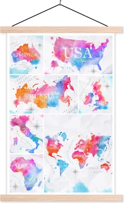 Produktbild von MuchoWow® Textilposter Karten - Collage - Aquarell 40x60 cm mit holzfarbenen Rahmen - Poster