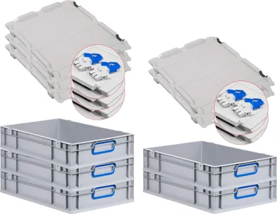 Produktbild von SuperSparSet 5x Eurobox NextGen Color mit Scharnierdeckel und Schiebeschnappverschlüssen | HxBxT 12x40x60cm | 23 Liter | Grau | Griffe blau geschlossen | Glatter Boden | Eurobehälter, Transportbox, Transportbehälter, Stapelbehälter