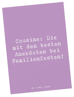 Produktbild von Mr. & Mrs. Panda Postkarte Spruch Cousine Anekdoten - Lavendeltraum - Geschenk, Ansichtskarte, Postkarten, Geburtstage, Gelächter, einzigartige Designs, Familienfest
