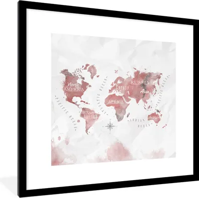 Produktbild von MuchoWow® MuchoWow® Gerahmtes Poster Weltkarte - Aquarell - Rot 40x40 cm - Poster mit zchwarzem Bilderrahmen - Poster - Plakat im Rahmen