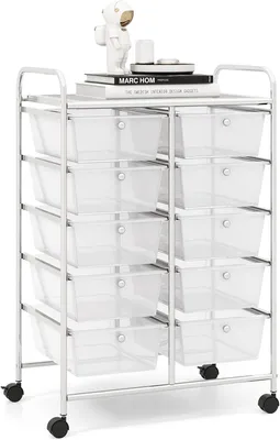 Produktbild von GOPLUS Rollwagen mit 10 Schubladen stapelbar, Rollcontainer mit Ablage & Metallgestell, Badregal, Aufbewahrungswagen, für Büro, Zuhause (Transparent)