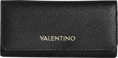 A black leather wallet with the brand name "VALENTINO" embossed in gold.