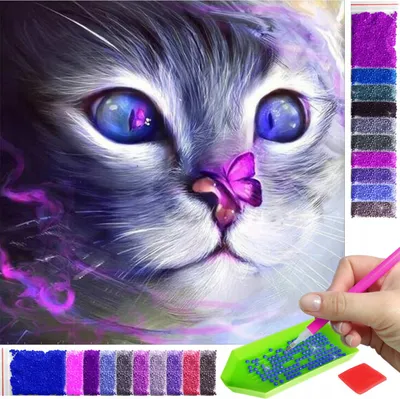 Produktbild von ARTULIO - Diamond Painting Set - Katze mit Schmetterling auf der Nase - 30 × 30 cm - Home Wand Deko, 5D Diamant Painting, Komplettset Mosaik + Zubehör