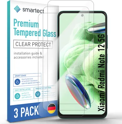 A product package for screen protectors for a Xiaomi Redmi Note 12 5G phone, with a phone screen shown in the background.