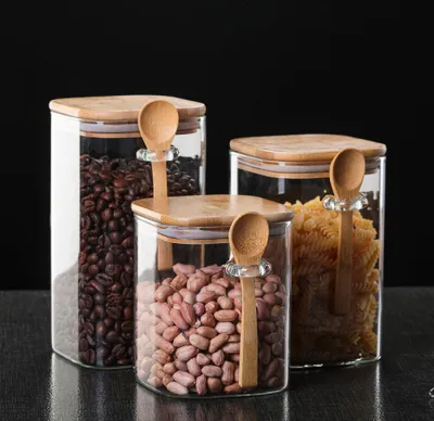 Produktbild von Gewürzgläser Eckig Glasbehälter Bambusdeckel Luftdicht Vorratsdosen