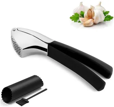 Produktbild von Unyqoos® Ergonomische Knoblauch- & Ingwerpresse aus rostfreiem Edelstahl, rutschfeste Griffe, Hebelmechanismus, Reinigungsbürste, spülmaschinengeeignet