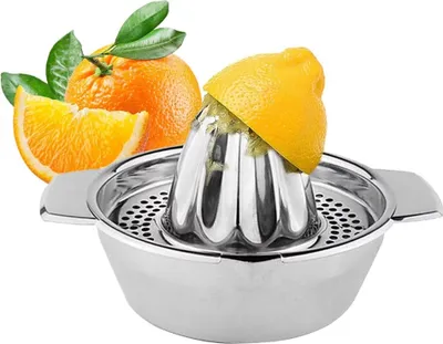 Immagine prodotto di Spremiagrumi manuale in acciaio inox Bayli | Spremiagrumi Ø12,5 cm | Spremiagrumi per limoni con contenitore di raccolta e beccuccio | Spremiagrumi per lime | Spremiagrumi per frutta | Spremiagrumi per arance | Spremiagrumi per limoni e agrumi