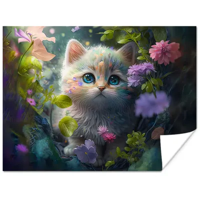 Produktbild von MuchoWow® Poster Kätzchen - Blumen - Wald - Illustration - Katze 160x120 cm - Foto Plakat