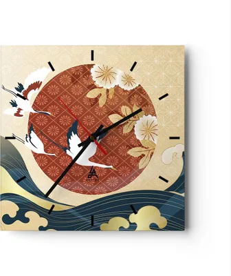 Produktbild von Wanduhr - Quadrat - Glasuhr - Reiher Sonne Meer - 30x30cm - Schleichendes Uhrwerk - Lautlos - zum Aufhängen bereit - Dekoration Modern - Wanddekoration aus Glas - C3AC30x30-4821