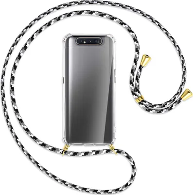 Produktbild von Handykette Backcover-Schutzhülle mit Band (Metall goldfarben) für Samsung Galaxy A80 - schwarz/grau/weiß