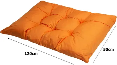 An orange cushion with dimensions indicated by text overlays.