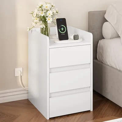Zdjęcie produktu dla YITAHOME: Szafka nocna z 3 szufladami, biała, z zasilaczem i 2 portami USB