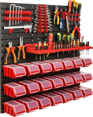 Zdjęcie produktu dla System magazynowy Regał warsztatowy | 78 x 78 cm | 21 szt. Pudełko | Regał ścienny z uchwytami na narzędzia i pudełkami do układania w stosy - Płyty ścienne Bardzo wytrzymały regał z przegródkami Ściana perforowana Regał magazynowy Regał garażowy