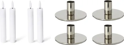 Produktbild von Novaliv 4er-Set Stabkerzenhalter SILBER Weihnachtsdekoration candle holder 10x5cm Metall mit LED Kerzen flammenlos Echtwachskerzen Premium Adventskranz Weihnachten scandic chic Tafelkerzen