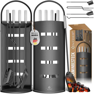 Produktbild von KESSER® Kaminzubehör 5-teiliges Kaminbesteck Set – Modern Design, beschichtet, Hochwertige Kamingarnitur aus 5 Teilen: Besen, Schaufel, Schürhaken, Zange, Ständer mit Sichtschutz Edelstahl