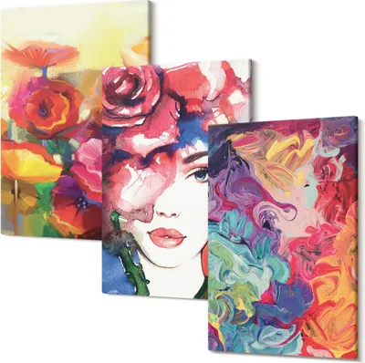 Produktbild von Wandbild – Leinwandbild – Leinwandbilder – Polycanvas – Kunstdruck – Modern – Panorama – Mehrteilig – 3-Teilig Set – Hochwertig – Lichtecht – Geruchslos – 20x30 Cm Je Element - Blumen in intensiven Farben, Porträt einer Frau, abstrakt