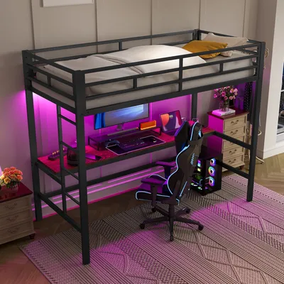 Produktbild von Odikalo Hochbett Metallbett Geländer Leiter Tisch USB Steckdose Schwarz 90*200 cm