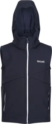 A navy blue children's vest with a white zipper and a hood.