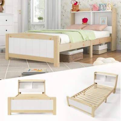 Produktbild von Doppelbett,Massivholz Einzelbett Stauraum-Kopfteil Bett,90 x 200 cm Bettgestell mit Lattenrost Holzbett mit Kopfteil,Kinderbett Jugendbett