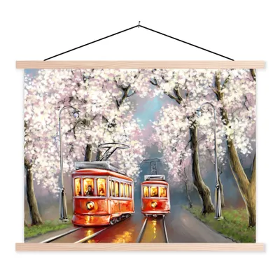 Produktbild von MuchoWow® Textilposter Gemälde - Ölgemälde - Straßenbahn - Blühender Baum 40x30 cm mit holzfarbenen Rahmen - Bilder