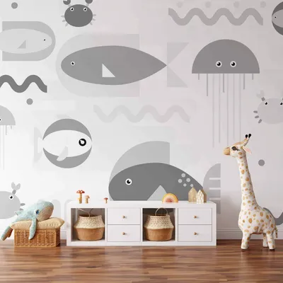 Produktbild von Vlies Fototapete - Minimalist grey ocean - geometric fish in water for children 300x210 cm Für Kinder e-A-10019-a-c