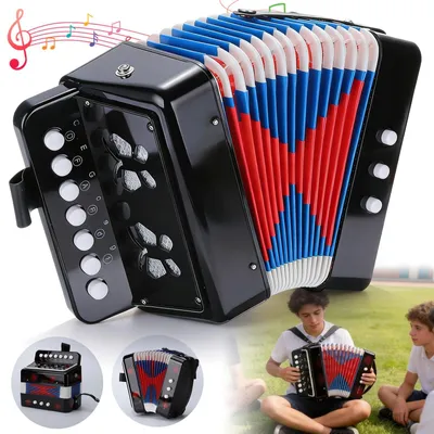 Produktbild von Akkordeon 10 Tasten, leichtes Mini-Akkordeon mit 7 Tasten und 3 Bässen, Knopfsteuerung - Geschenk Spielzeug für Anfänger, Schwarz