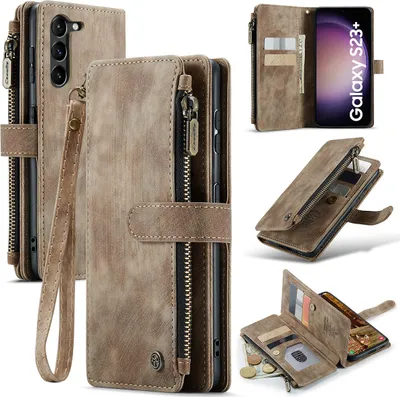 A collage of images showcasing a brown leather wallet-style phone case for a Samsung Galaxy S23+.