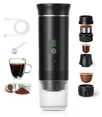 Tragbare Kaffeemaschine 3-in-1, 80 ml, 20 Bar, 7500 mAh USB-C, Schwarz