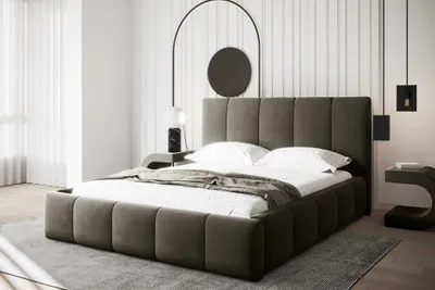 Produktbild von AGMAT Polsterbett MEDIOLAN mit Kopfteil, 140 x 200 cm, Doppelbett mit Bettkasten und Lattenrost aus Metall, Velourstoff: Grau